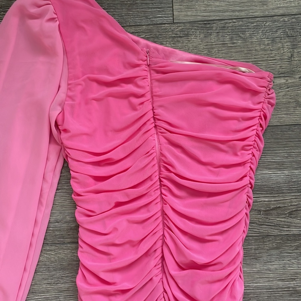 Hello Molly| Party It Up Bodycon Ruched One Shoulder Balloon Sheer Mini Dress XL - Picture 10 of 15